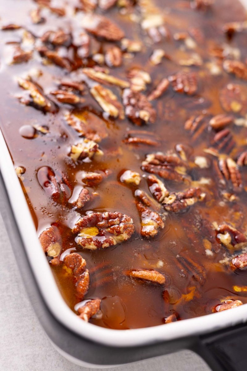 A raw pecan cobbler dish.