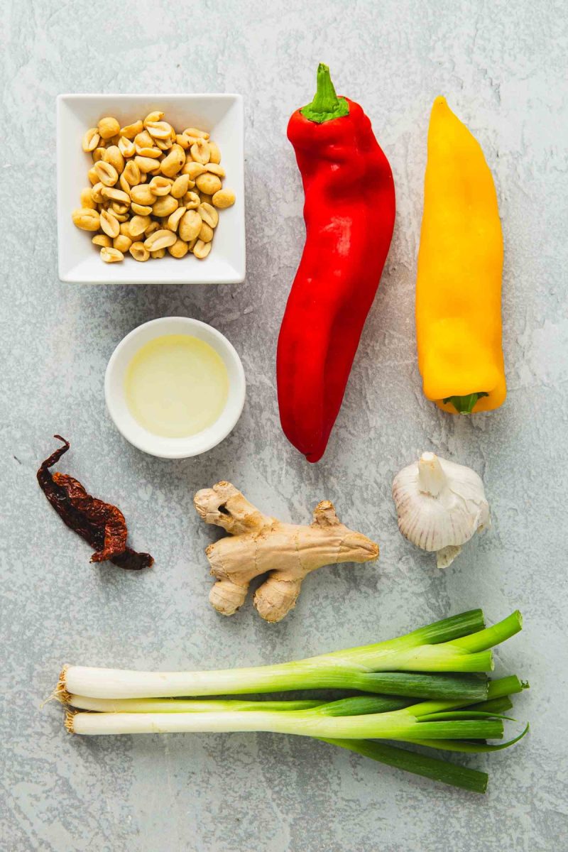 A variety of vegetables and spices used in kung pao beef.