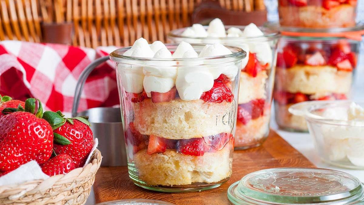 Strawberry shortcake in mason jars.
