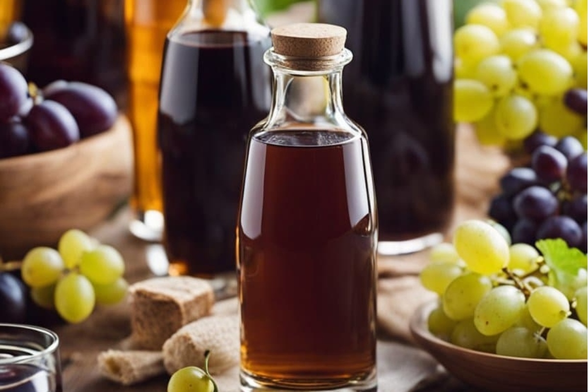 Some bottles of wine and grapes on a table.