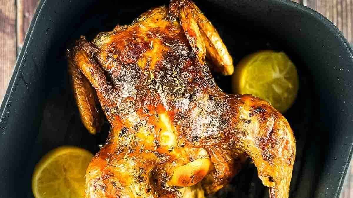 Air Fryer Whole Roast Chicken With Lemon And Garlic.