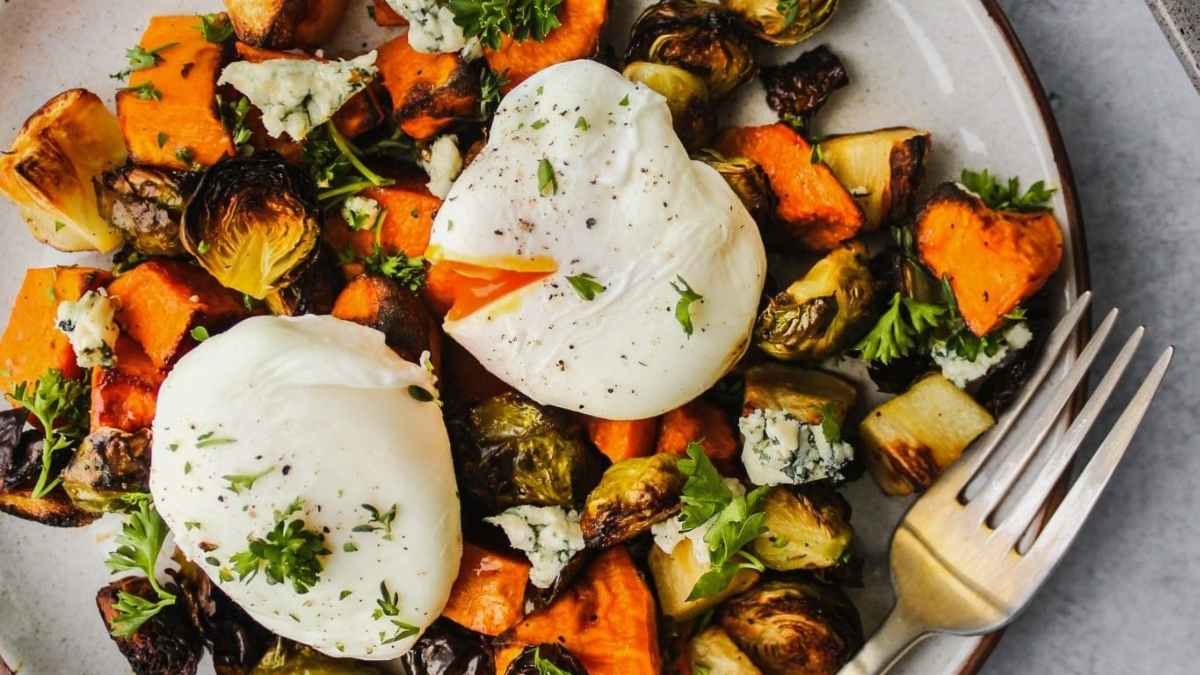 Brussels Sprouts & Sweet Potato Sheet Pan Hash.