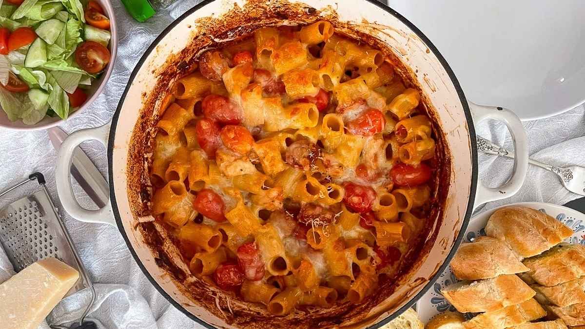 Chicken And Chorizo Pasta Bake. 
