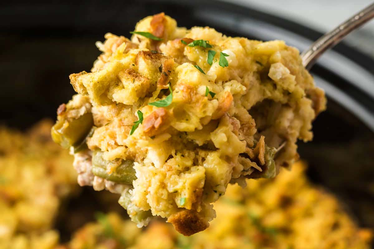 Crock Pot Chicken Stuffing Casserole.