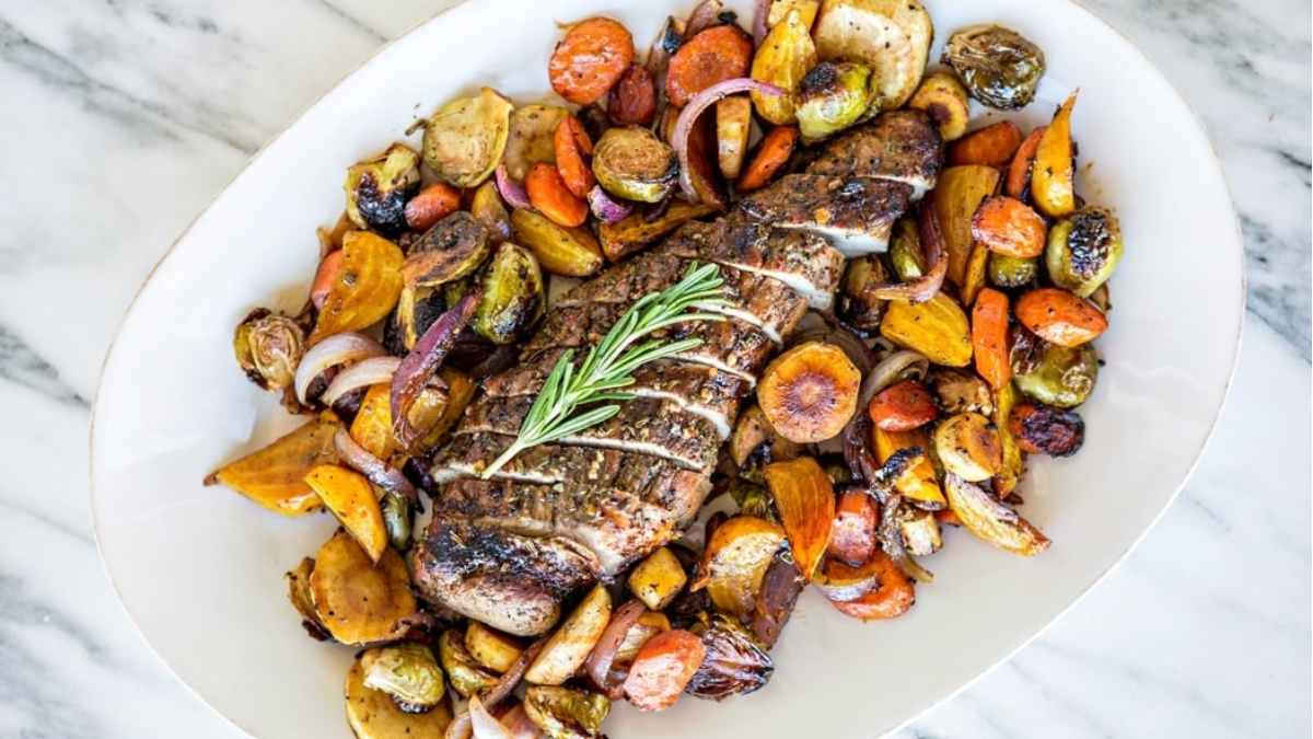 Fall Sheet Pan Pork Tenderloin with Honey Balsamic Roasted Vegetables.