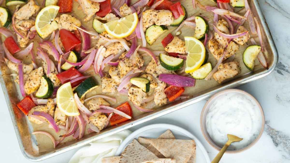 Greek Chicken Sheet Pan Dinner With Veggies. 