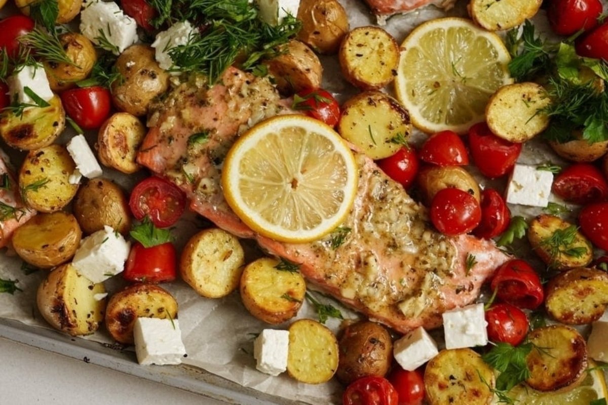 Greek Lemon Garlic Sheet Pan Salmon With Potatoes