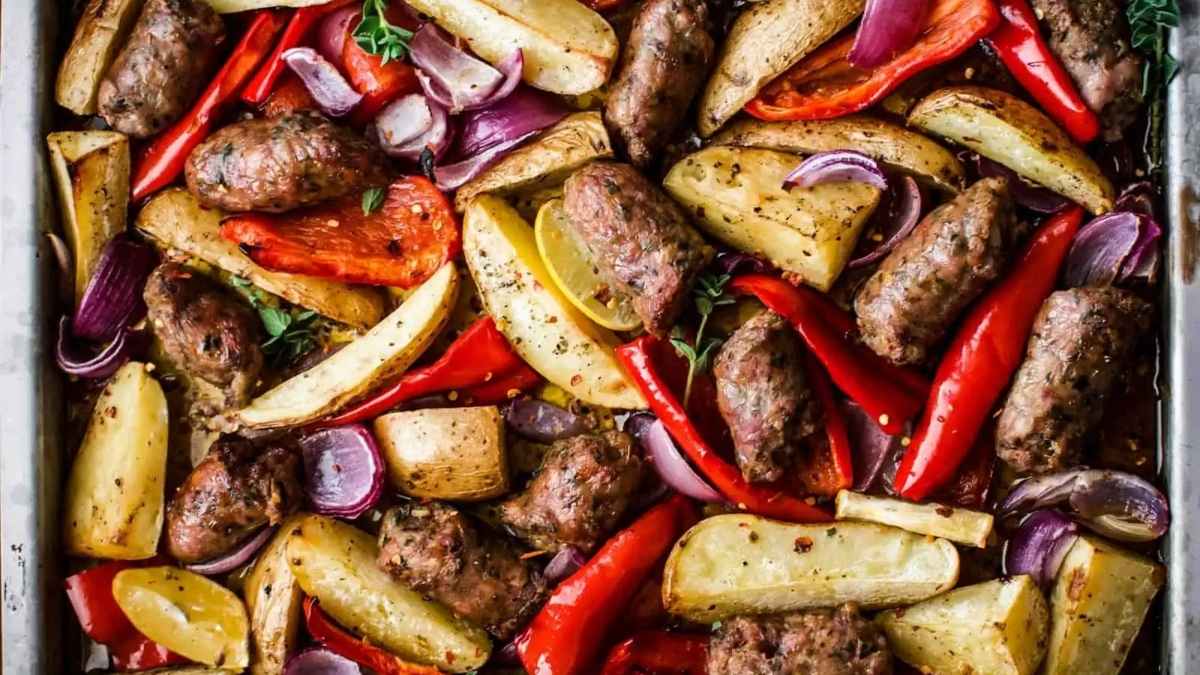 Greek Sausage Sheet Pan Dinner.
