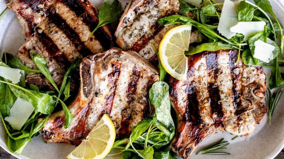 Grilled Lemon Rosemary Pork Chops With Arugula Salad.