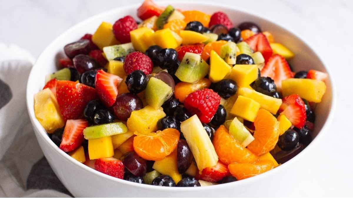 Healthy Fruit Salad With Honey Lemon Dressing.