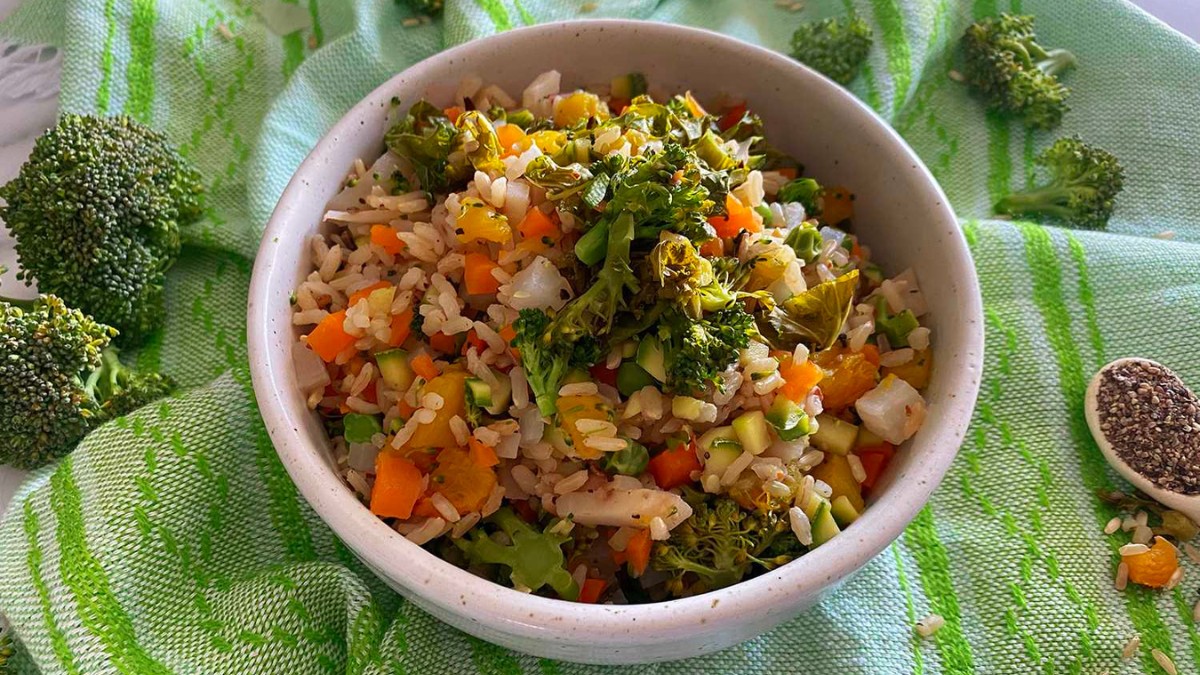 Bowl of rice and mixed vegetables.