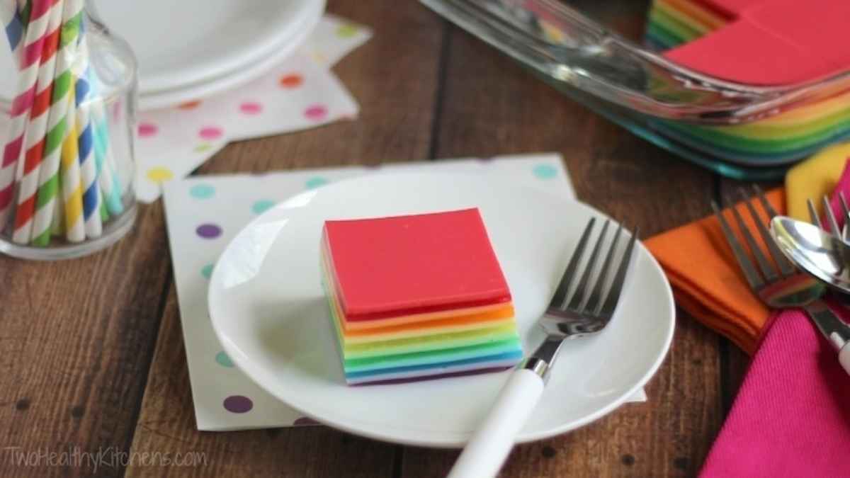Layered Rainbow Jell-O Salad.