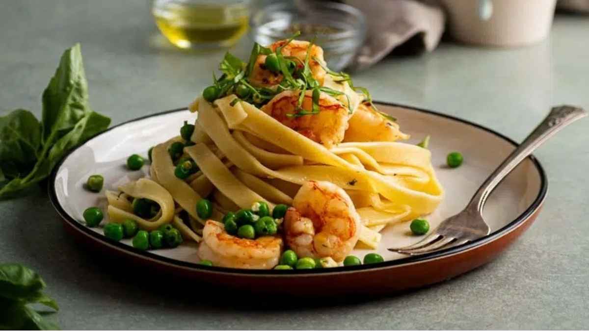 Lemon Fettuccine With Garlic Shrimps. 