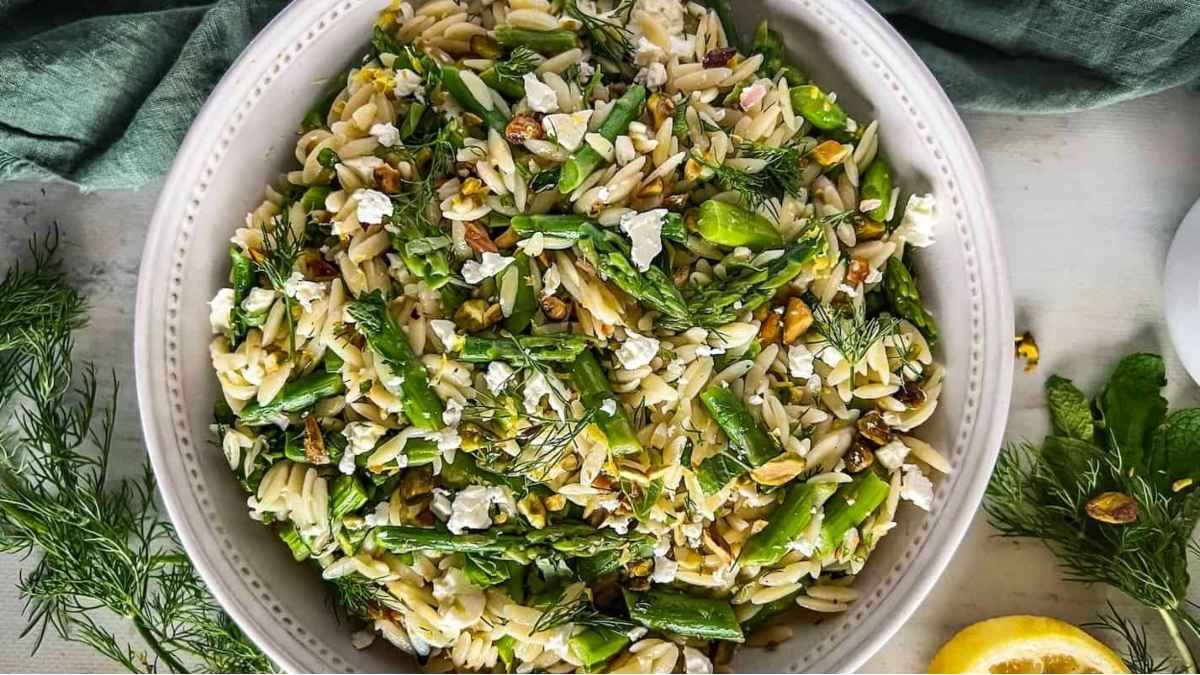Lemony Orzo Salad With Asparagus, Feta And Herbs.