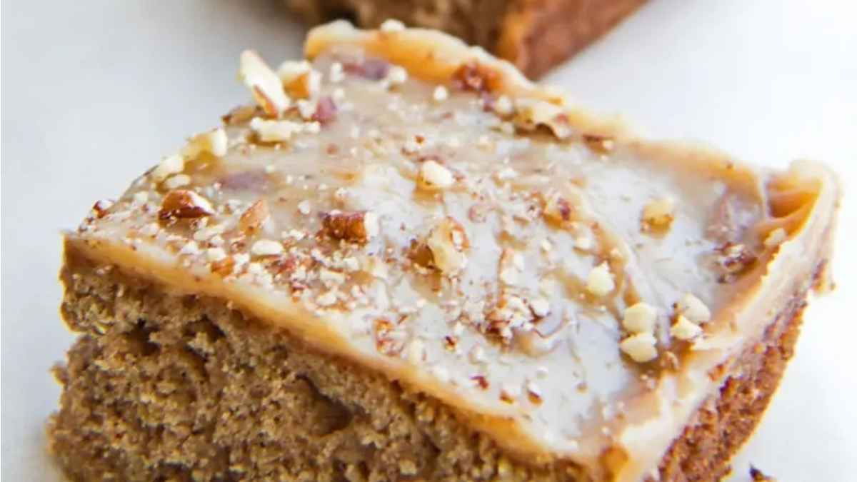 Old Fashioned Irish Oatmeal Cake with Caramel Pecan Frosting.