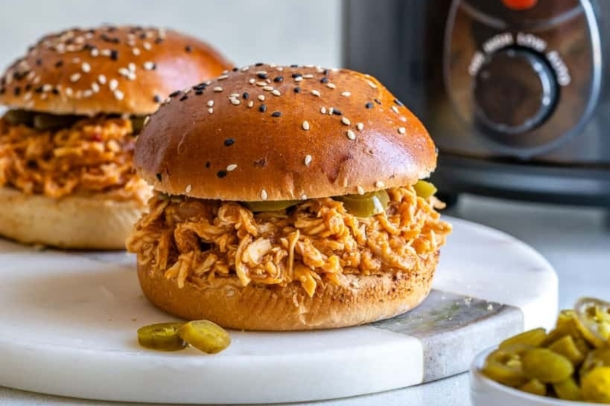 Slow Cooker Pulled Chicken Burger.
