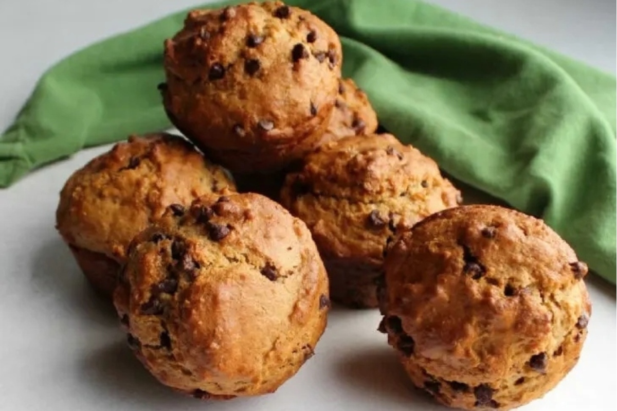 Chocolate chip muffins on a white plate.