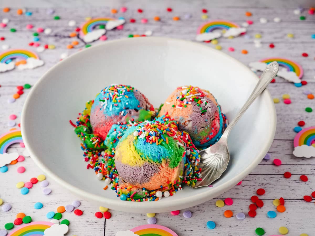 rainbow ice cream in a bowl