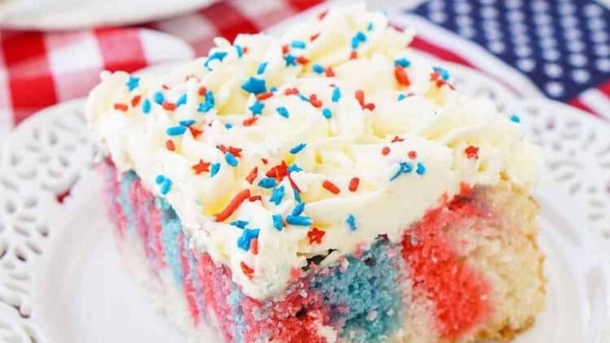 Red, White, And Blue Marble Sheet Cake.