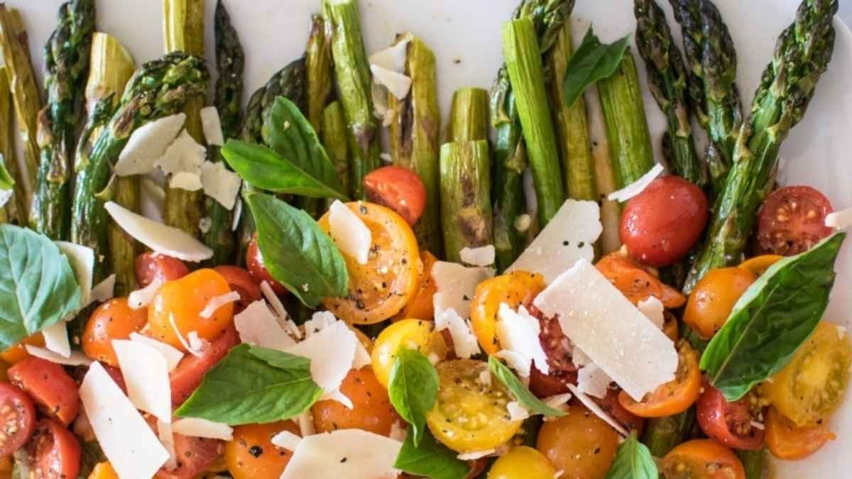 roasted asparagus with marinated tomato salad.