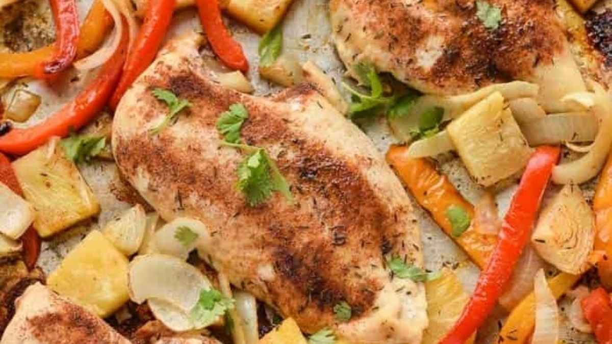 Sheet Pan Jerk Chicken With Pineapple.
