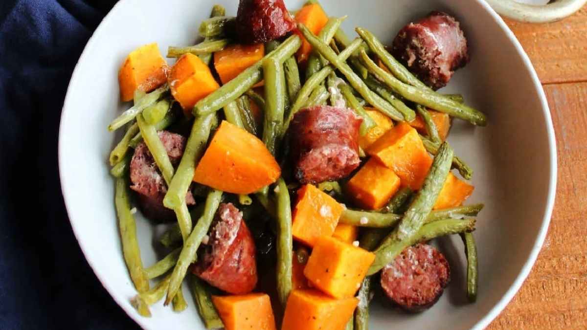 Sheet Pan Kielbasa With Sweet Potatoes And Green Beans.