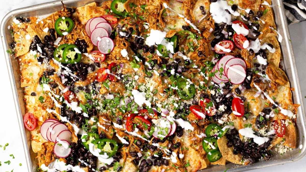 Sheet Pan Nachos With Chicken And Black Beans.