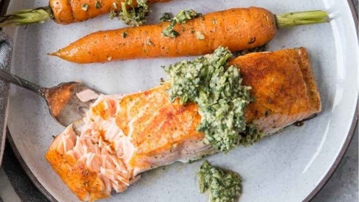Sheet Pan Pesto Salmon And Carrots.
