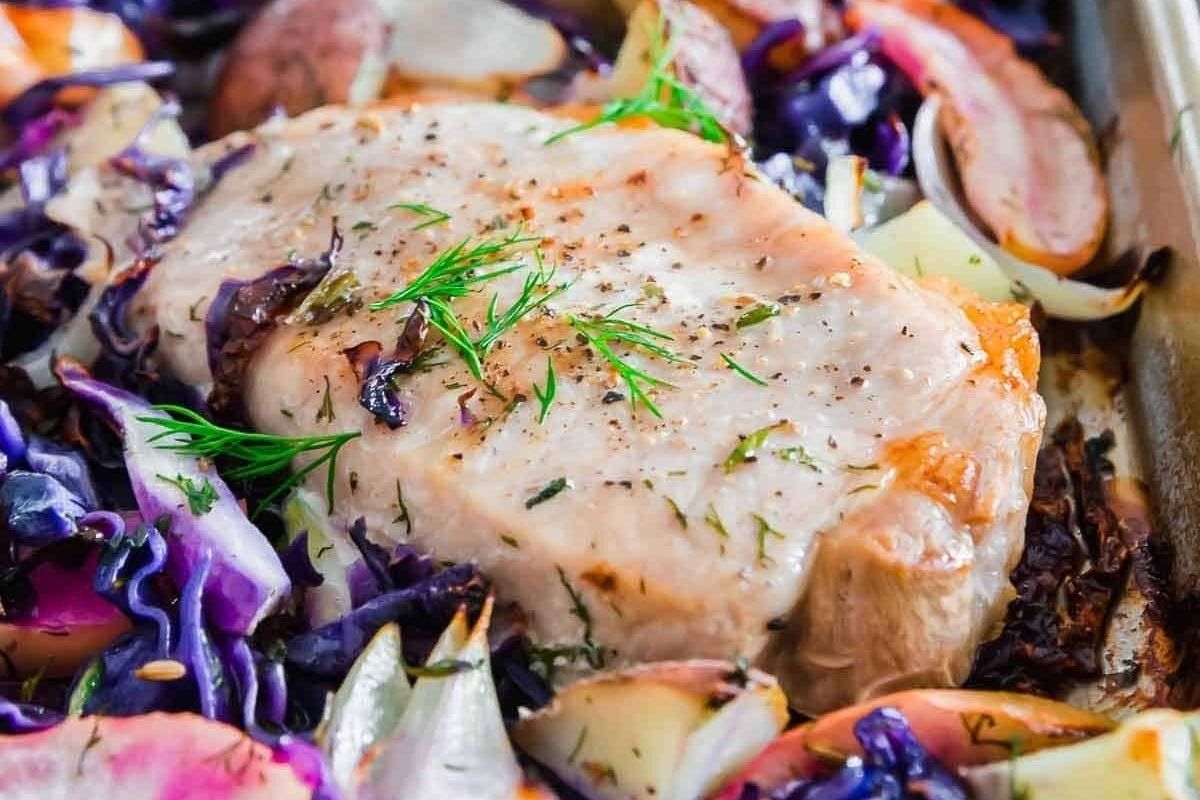 Sheet Pan Pork Chops With Cabbage Apples And Potatoes