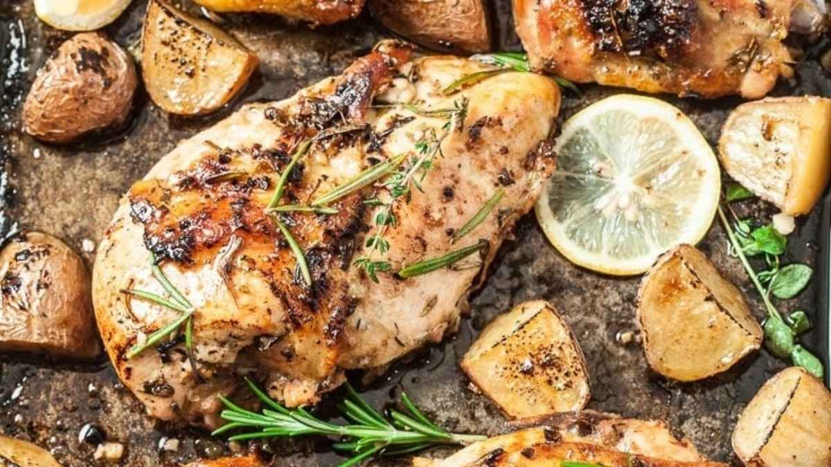Sheet Pan Roasted Greek Chicken with Garlic Potatoes.