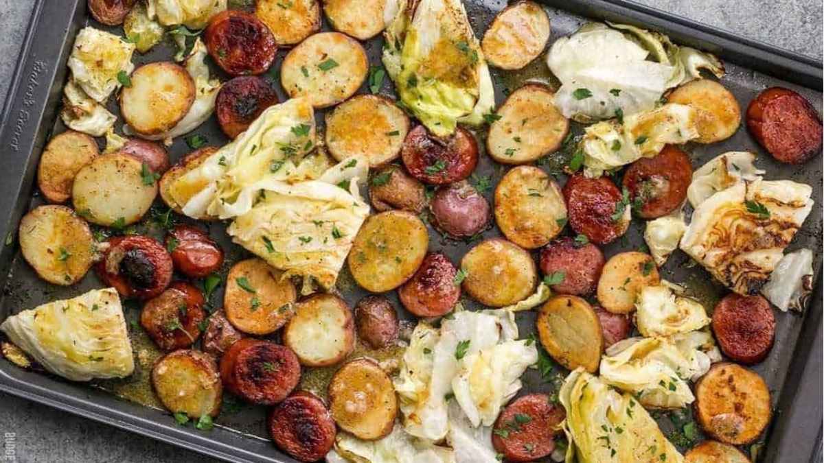 Sheet Pan Roasted Kielbasa And Cabbage Dinner.