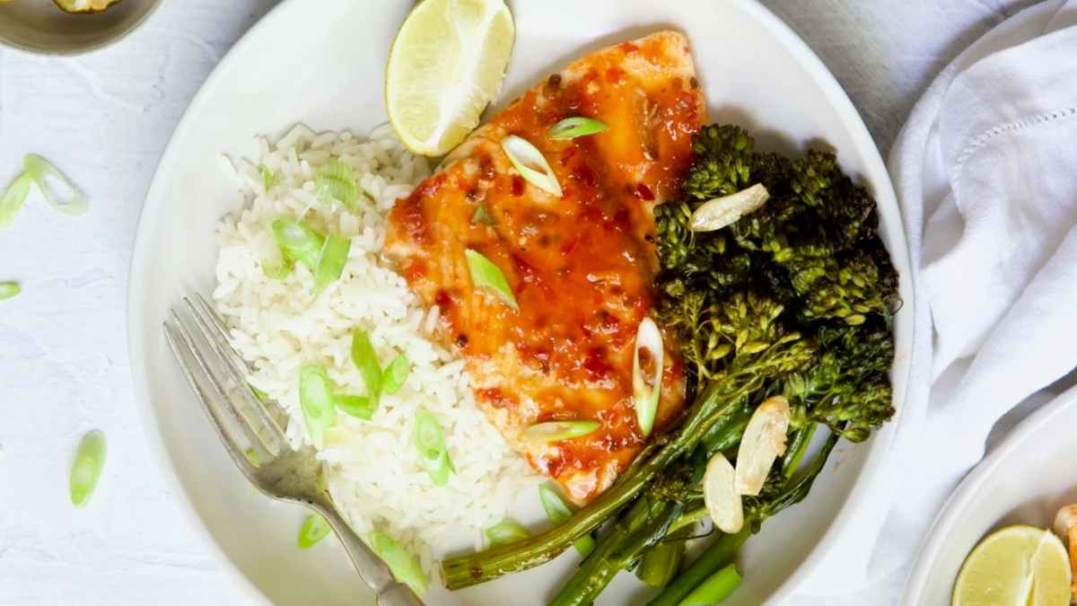 Sheet Pan Thai Baked Fish with Broccolini. 