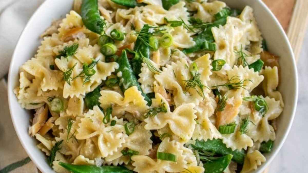 smoked trout and snap pea pasta salad.