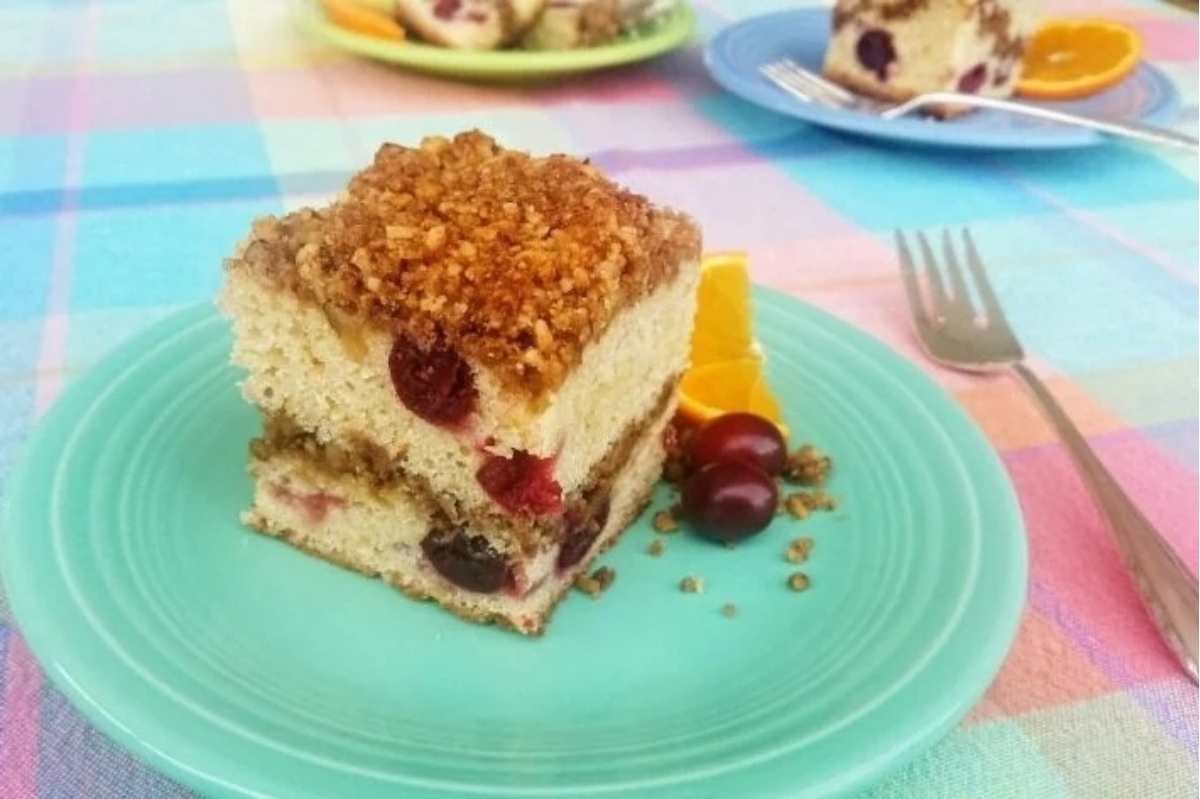A piece of cake on a plate.