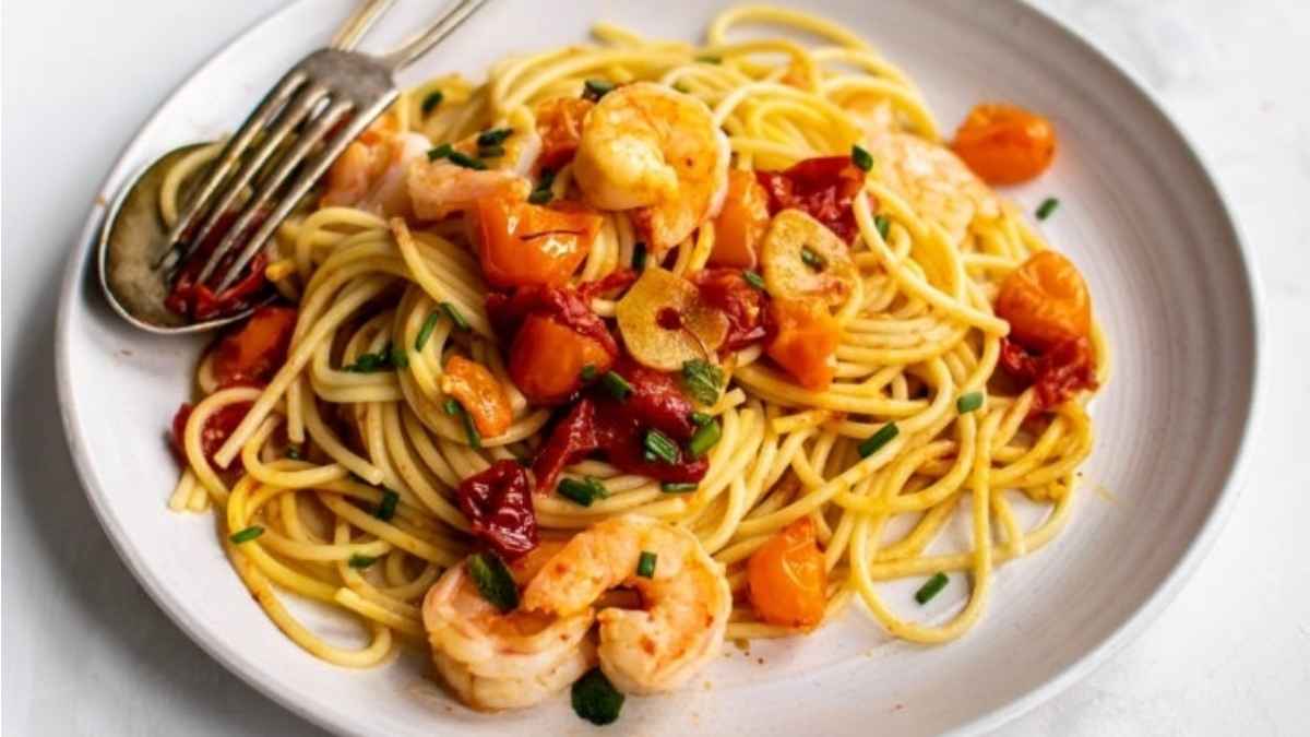 spaghetti with saffron roasted tomatoes and shrimp.