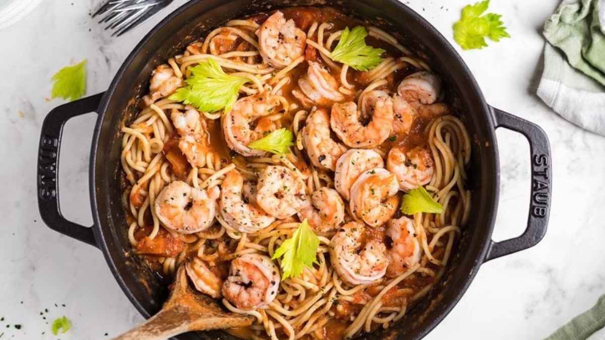 Spicy Shrimp Pasta With Bloody Mary Vodka Sauce.