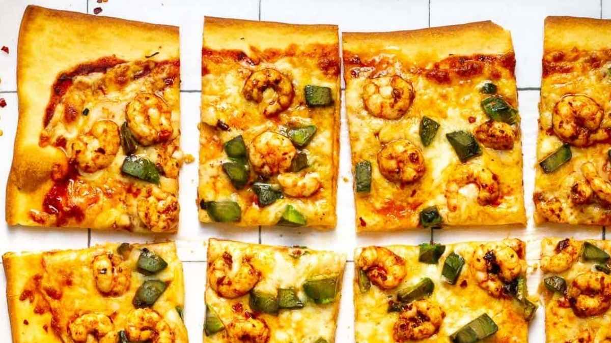 Spicy Shrimp Pizza. 