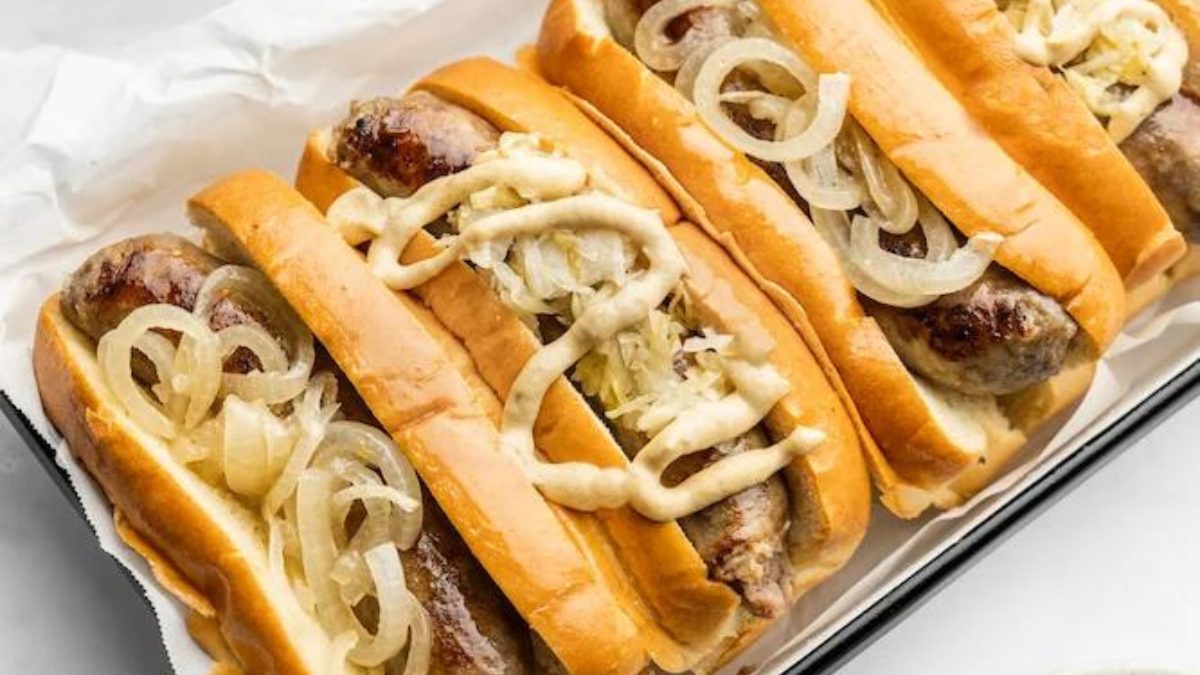 Beef brats covered in toppings.