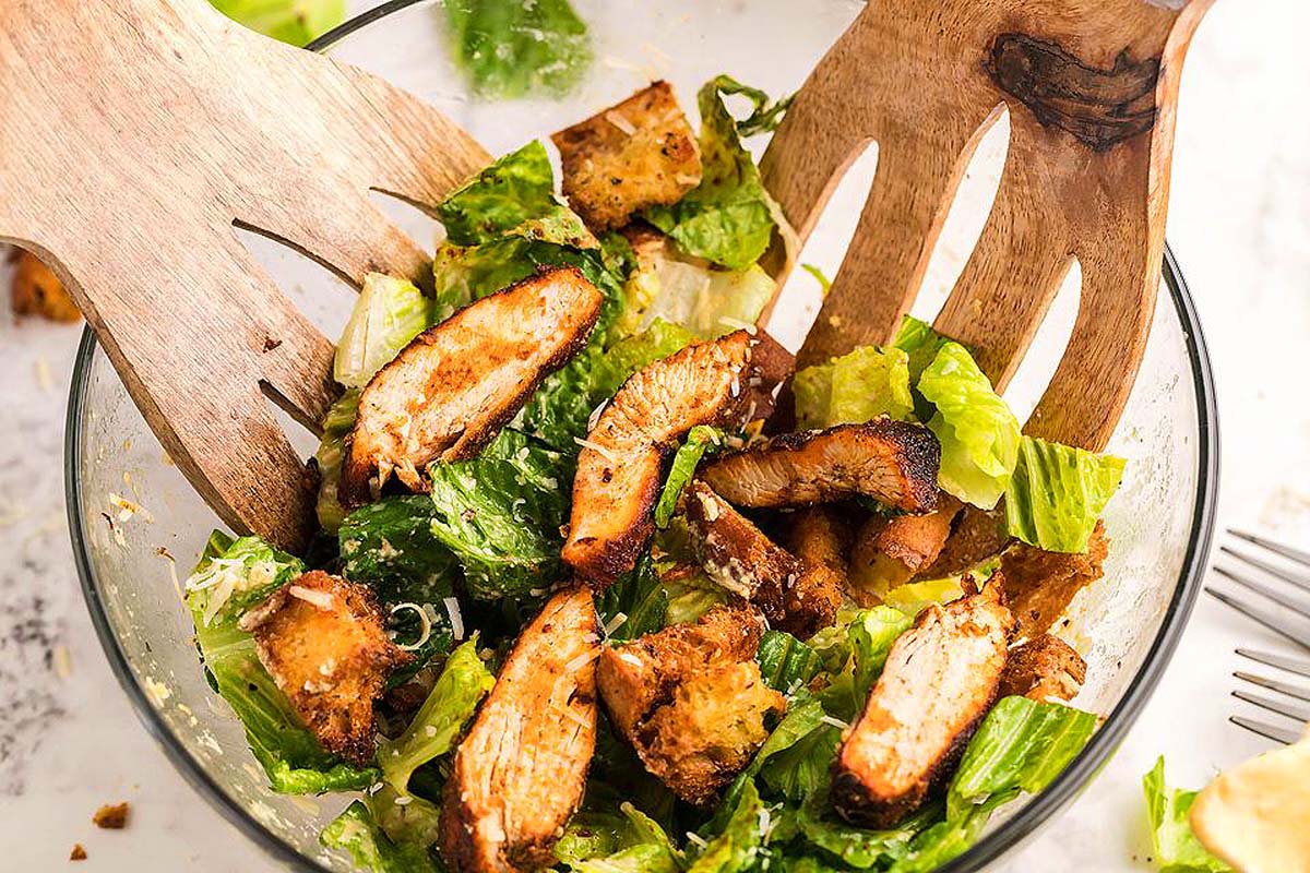 Air Fryer Blackened Chicken Caesar Salad. 