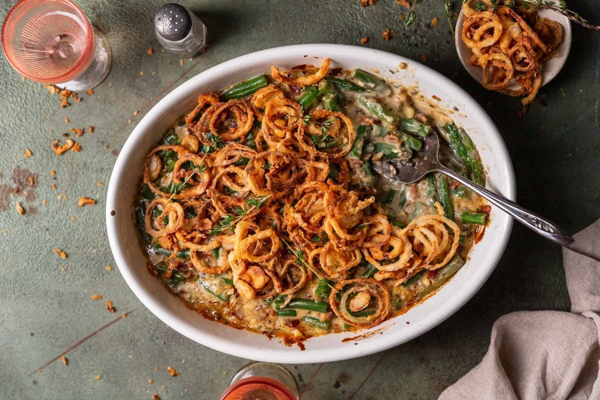 Cheesy Green Bean Casserole With Bacon.