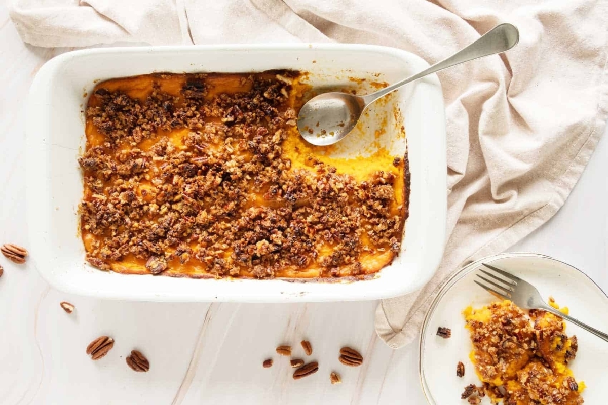 Pecan Sweet Potato Casserole (Creamy With Crunchy Topping).