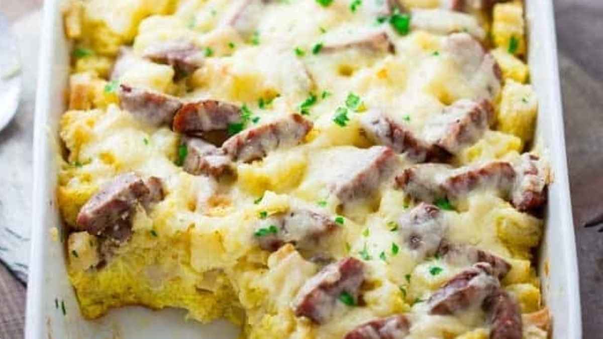 Apple Cheddar And Sausage Breakfast Strata.