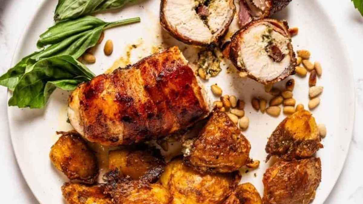 Bacon Wrapped Pesto Chicken.