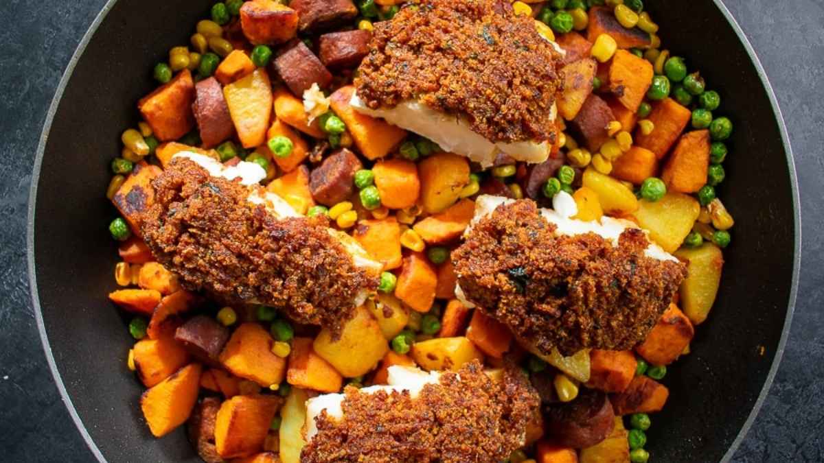 Baked Cod With Sweet Potato Hash. 