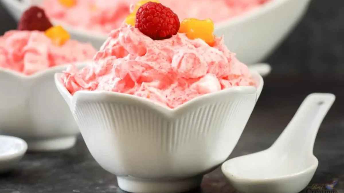 Best Ever Peach & Raspberry Fluff Jello Fruit Salad.