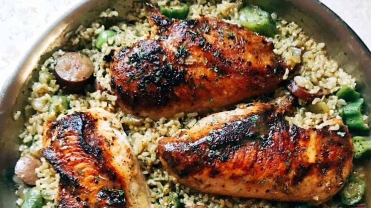 Blackened Cajun Chicken With Gumbo Rice. 