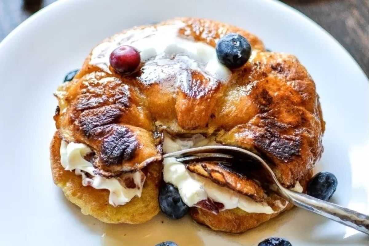 Blueberry Stuffed Croissant French Toast With Bacon