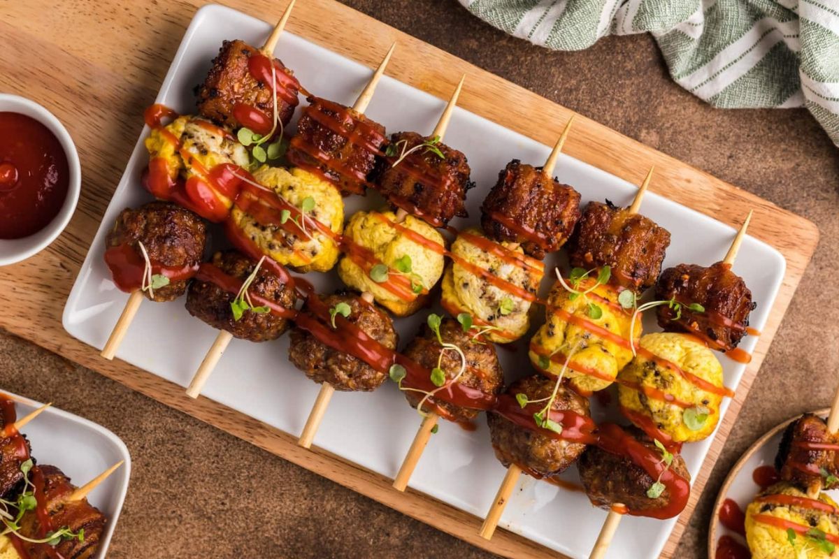 Breakfast Kabobs With Breakfast Meatballs And Bacon Rolled Up Eggs