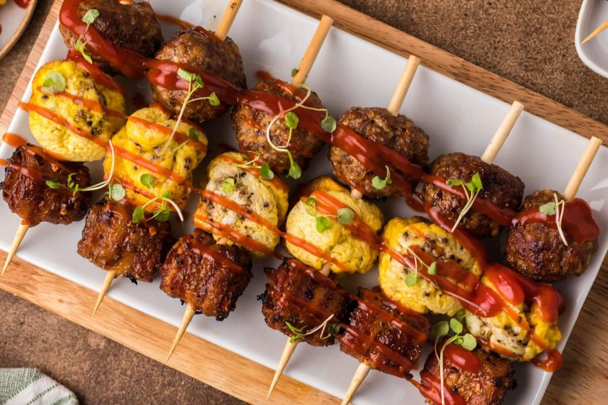 Breakfast Kabobs With Breakfast Meatballs And Bacon Rolled Up