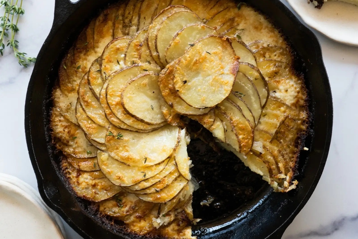A baked potato gratin in a cast-iron skillet, with layers of thinly sliced potatoes visible.